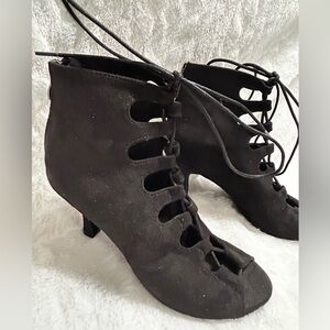 WOMENS BALLROOM DANCE SHOES BOOTS SIZE 5.5 BLACK LACE UP FRONT OPEN TOE ZIP BACK